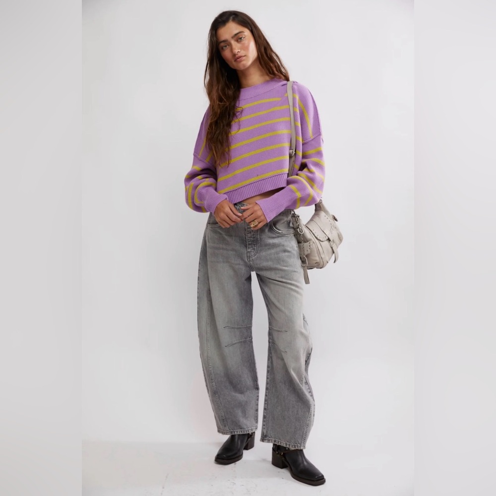 Free People Stripe Easy Street Cropped Pullover Lavender & Lime Sweater Size M ๐ - Picture 4 of 9